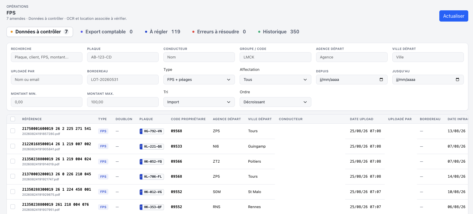Aperçu de la file DriveCheck pour les documents prioritaires
